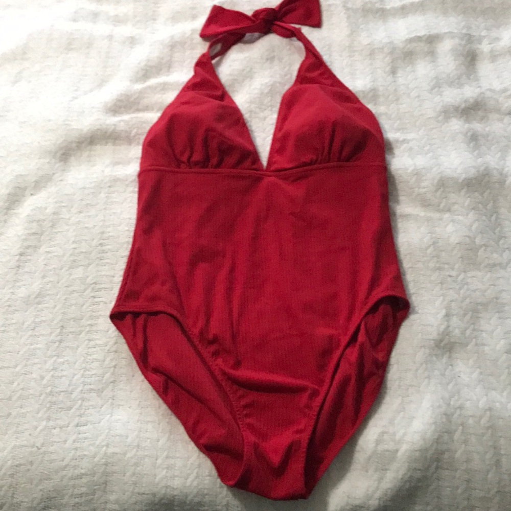 Red ribbed one piece swim suit